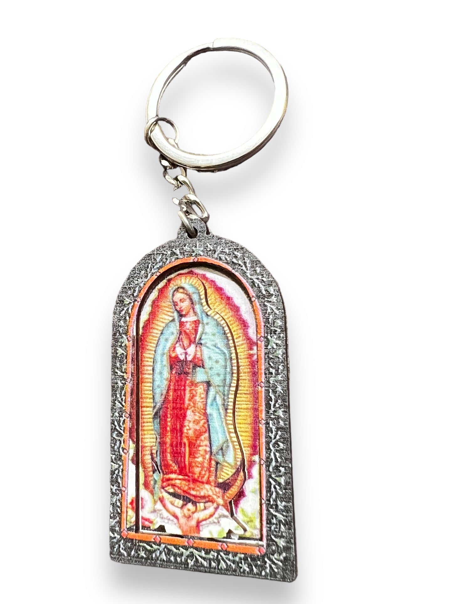 2.5" CARVED WOOD OUR LADY OF GUADALUPE KEYCHAIN