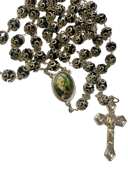 CRYSTAL CAPPED ROSARY: BLACK -ST. BENEDICT