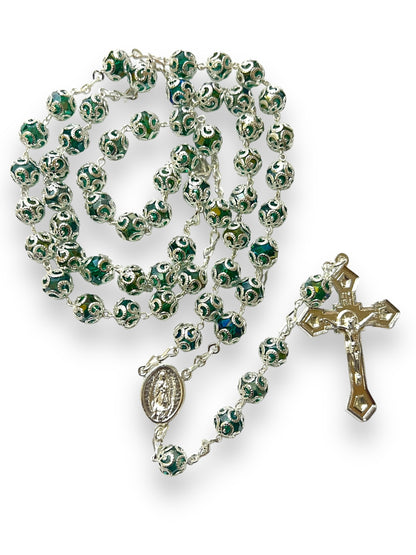 CRYSTAL CAPPED ROSARY: EMERALD GREEN -OL GUADALUPE/SACRED HEART