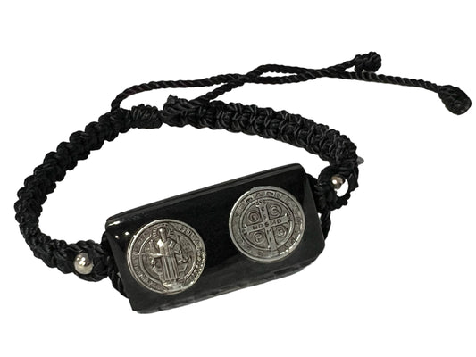 BRACELET: BLACK -ST. BENEDICT DOUBLE MEDAL ON WOOD