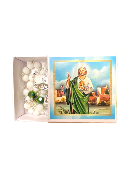 ROSARY: ST JUDE WHITE W/ GREEN BEADS