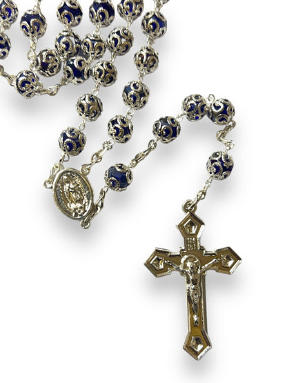 CRYSTAL CAPPED ROSARY: BLUE -OL GUADALUPE/SACRED HEART