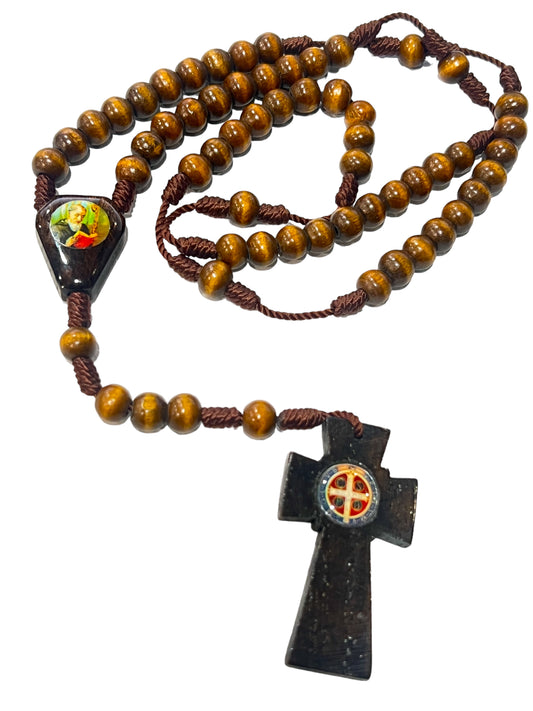 WOODEN ROSARY: ST BENEDICT 8MM BROWN