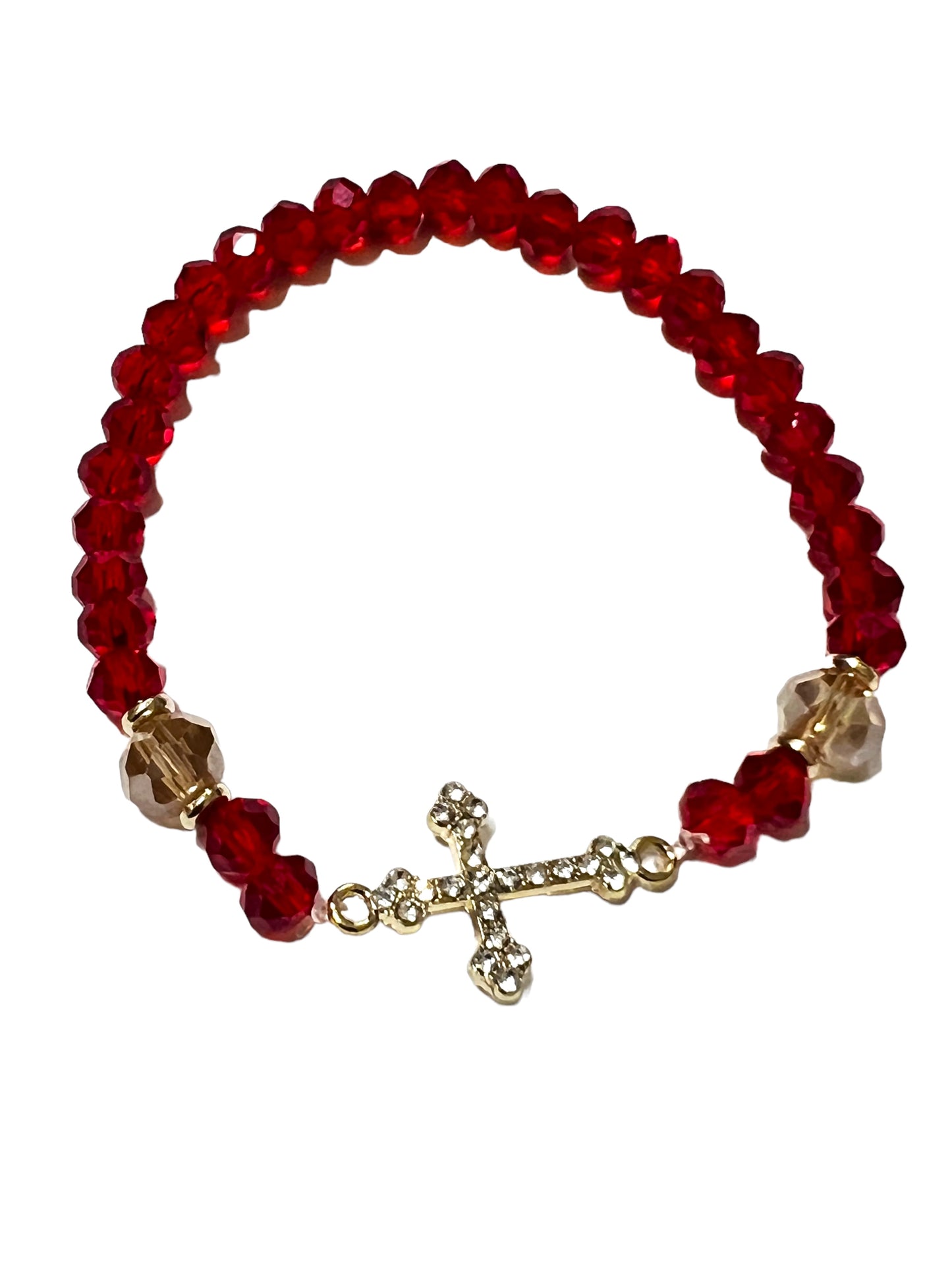 BRACELET: RED GLASS WITH GOLD CROSS