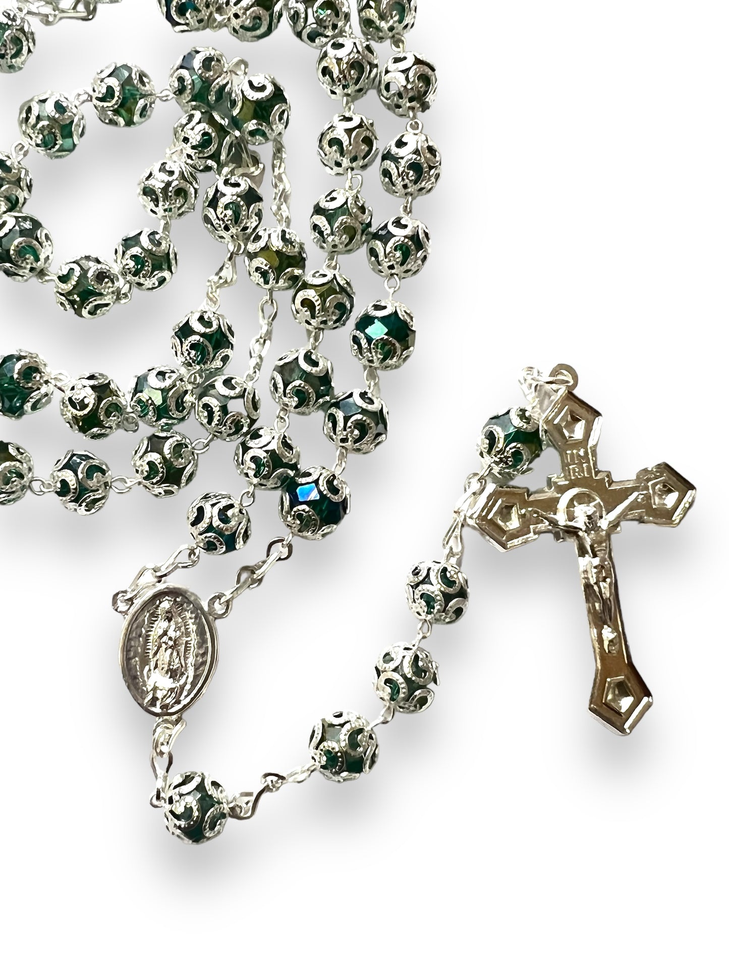 CRYSTAL CAPPED ROSARY: EMERALD GREEN -OL GUADALUPE/SACRED HEART