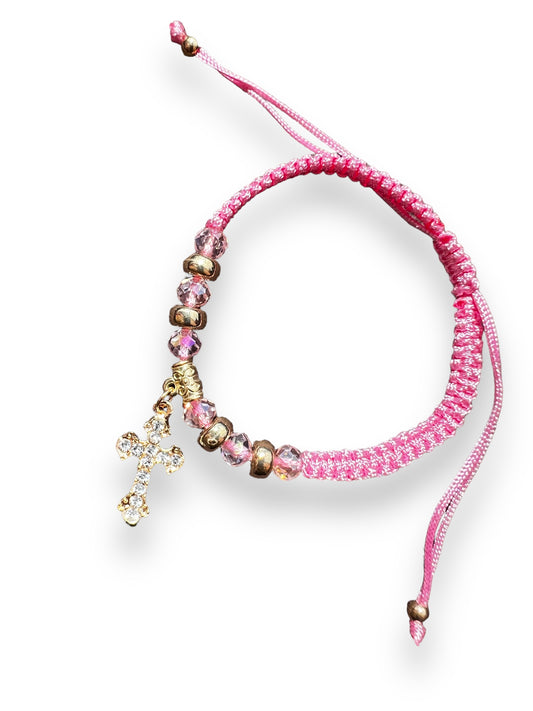 BRACELET: PINK THREADED W/ CROSS CHARM