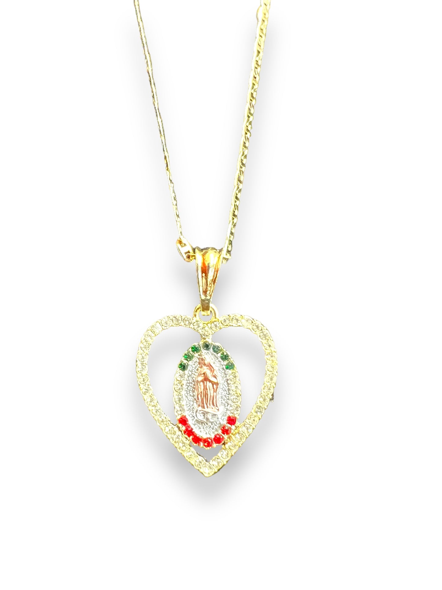 HEART SHAPED OUR LADY OF GUADALUPE TRICOLOR 2"PENDANT -18k GOLD LAYERED