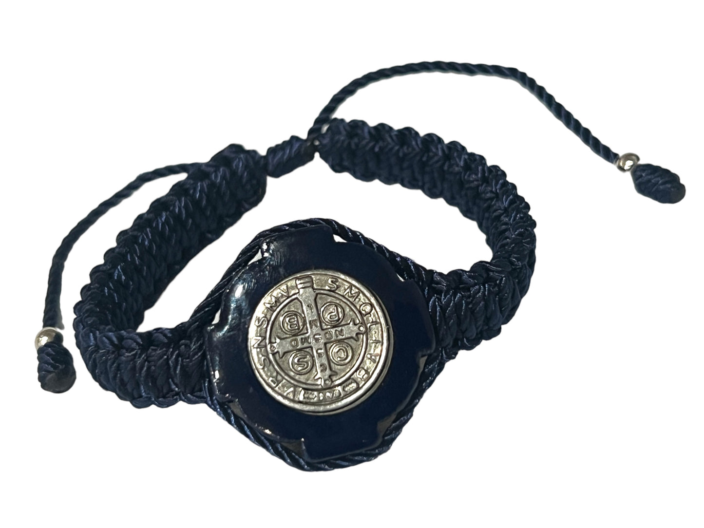 BRACELET: ST. BENEDICT -NAVY BLUE DOUBLE THREADED SILVER MEDAL