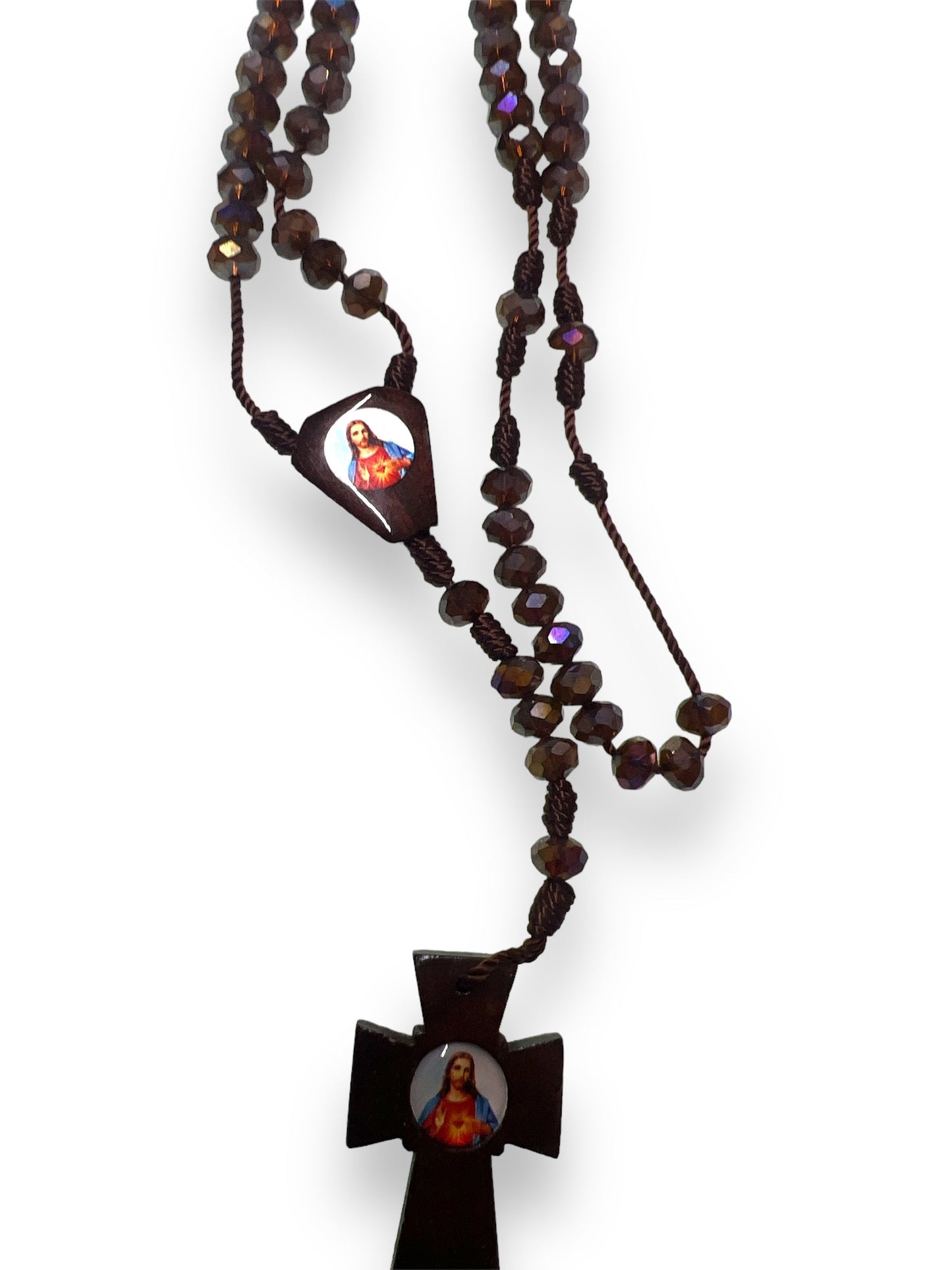 GLASS ROSARY W/ STRING: SACRED HEART -BROWN