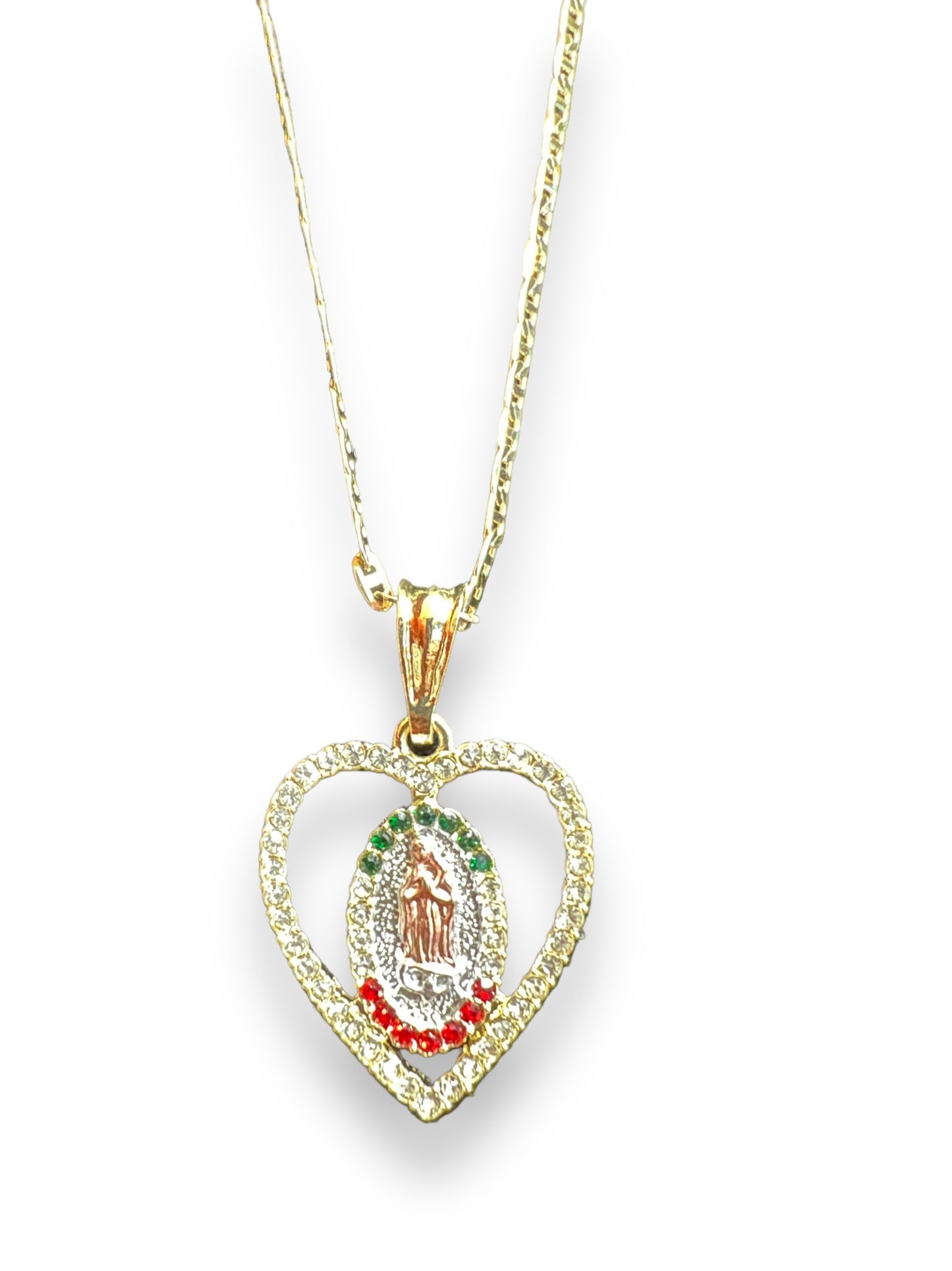 HEART SHAPED OUR LADY OF GUADALUPE TRICOLOR 2"PENDANT -18k GOLD LAYERED