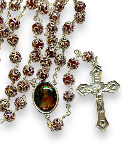 CRYSTAL CAPPED ROSARY: RED -SACRED HEART OF JESUS