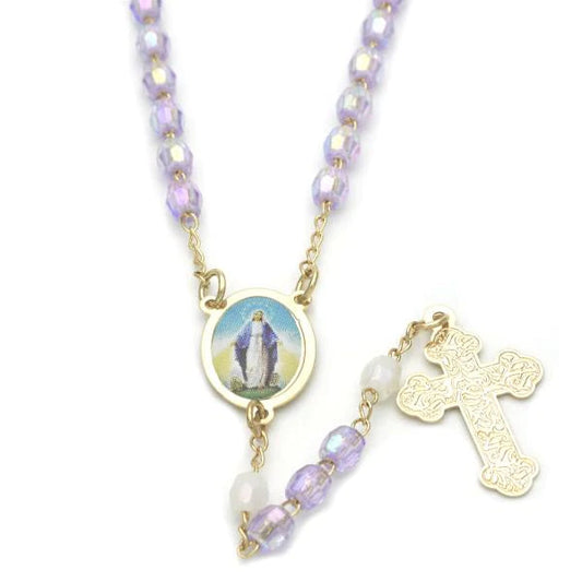 18" LAVENDER ROSARY W/ MIRACULOUS MEDAL -18k GOLD LAYERED