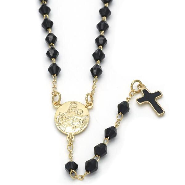 16" BLACK ROSARY W/ OUR LADY OF MOUNT CARMEL -18k GOLD LAYERED