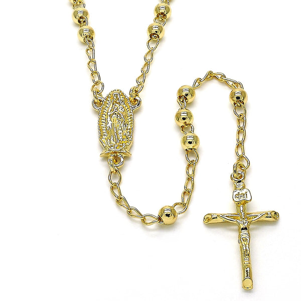 18k GOLD LAYERED ROSARY NECKLACE W/ OUR LADY OF GUADALUPE 24" LONG