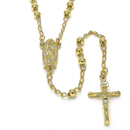 18k GOLD LAYERED ROSARY NECKLACE W/ OUR LADY OF GUADALUPE 24" LONG