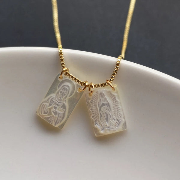 SCAPULAR MOTHER OF PEARL MEDALS W 18k GOLD LAYERED