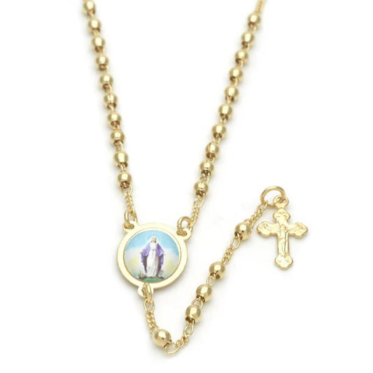 MIRACULOUS MEDAL 18k GOLD LAYERED ROSARY NECKLACE 18" LONG