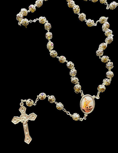 CRYSTAL CAPPED ROSARY: AMBER -ST. MICHAEL ARCHANGEL