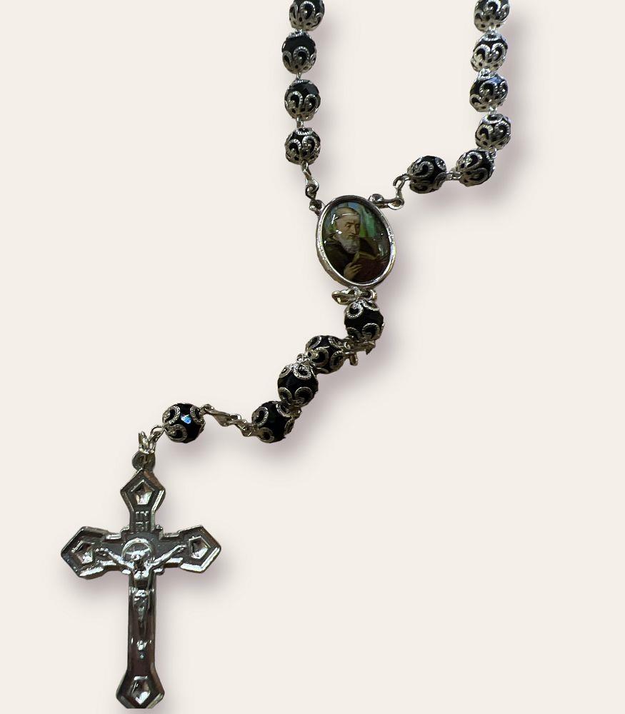 CRYSTAL CAPPED ROSARY: BLACK -ST. BENEDICT