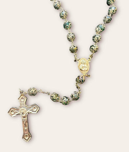 CRYSTAL CAPPED ROSARY: EMERALD GREEN -OL GUADALUPE/SACRED HEART