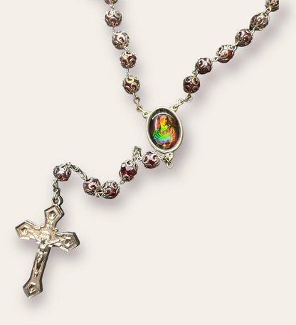 CRYSTAL CAPPED ROSARY: RED -SACRED HEART OF JESUS