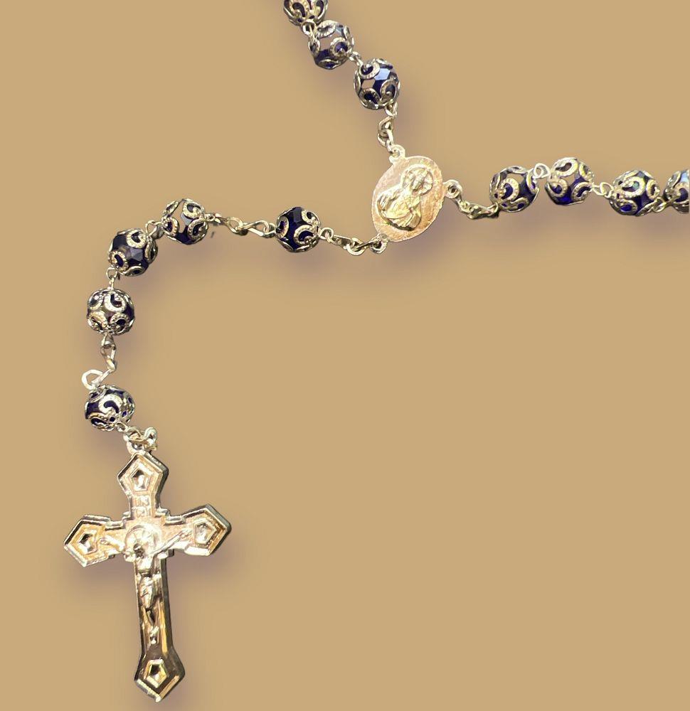 CRYSTAL CAPPED ROSARY: BLUE -OL GUADALUPE/SACRED HEART