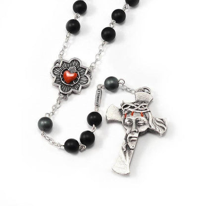 ROSARY FOR MEN W/MENATITE, BLACK AGATE/SILVER