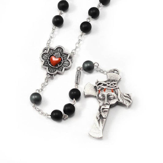 ROSARY FOR MEN W/MENATITE, BLACK AGATE/SILVER