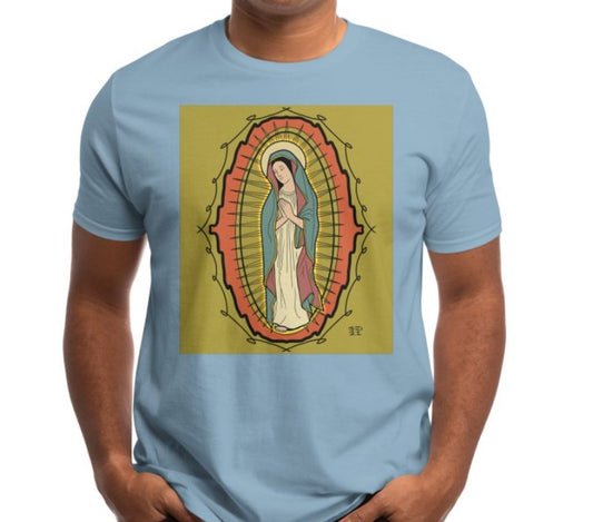 CAMISETA COLOR AZUL BEBE, VIRGEN DE GUADALUPE PARA HOMBRE (MEDIANA)