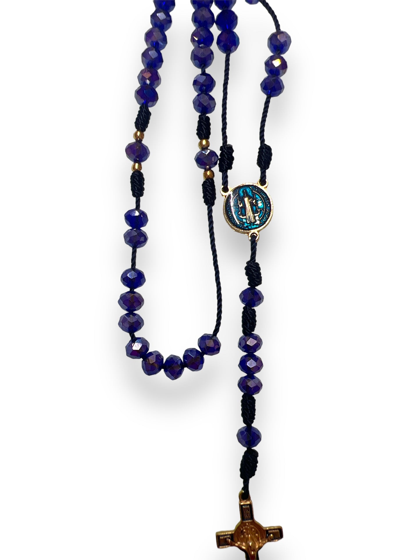 GLASS ROSARY W/ STRING: ST. BENEDICT -ROYAL BLUE